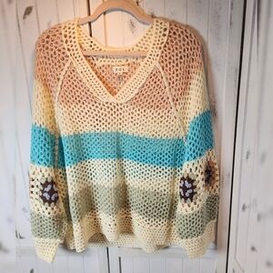 POL Cream and Blue V-Neck Crochet Granny Sweater